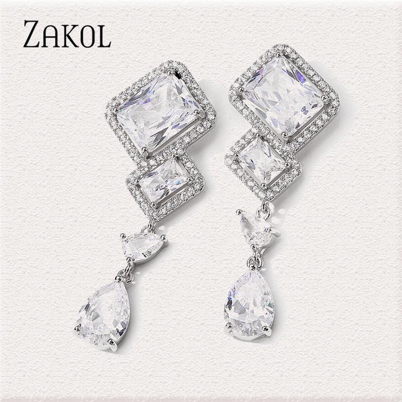 

Dangle & Chandelier ZAKOL Fashion Geometric Square Yellow Color Cubic Zirconia Drop Earrings Zircon Party Jewelry Accessories For Women, Silver