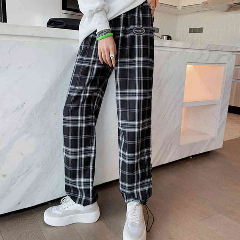 

Ankle Banded Pants Women Wide Leg Plaid Ladies High Waist loose Purple Causal Harajuku Spring Summer Streetwear Trouser 210518, 03 blue pants