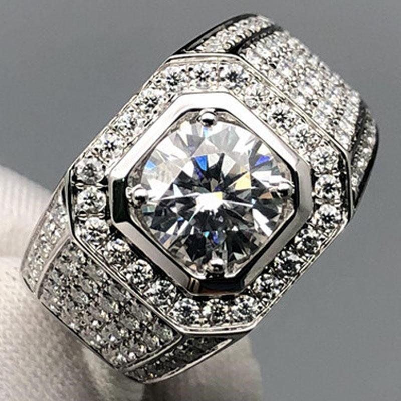 

White Gold 1 2 3 4 5 Round Moissanite Diamond Ring Men Wedding Party Anniversary Engagement Hiphop Rock Cluster Rings