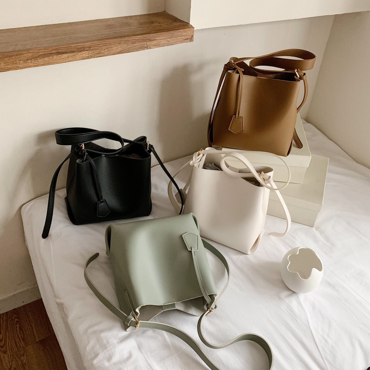 

Small PU Leather Bucket Bags For Women Winter Solid Color Shoulder Handbags Female Travel Lady Fashion Branded, Beige