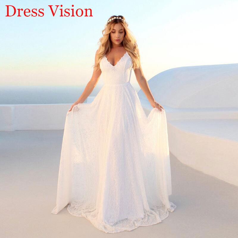 

Lace Spaghetti Straps Wedding Dresses Wedding Bridal Gowns Robe De Marie Vestidos De Novia V-neck, White