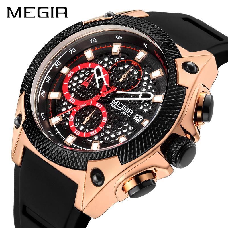 

Wristwatches MEGIR Mens Watches Top Silicone Sports Watch For Men Relogio Masculino Rose Gold Chronograph Wristwatch Man Clock, Slivery;brown