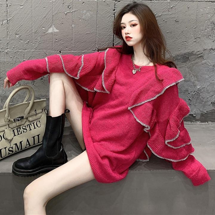 

Women's Sweaters Autumn 2021 Foreign Style Ruffle Top Loose Wear Round Neck Sweater Pullover Long Sleeve, Green