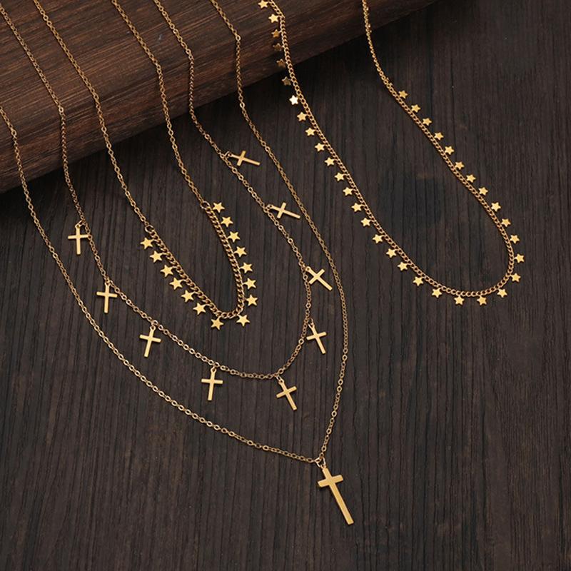 

Pendant Necklaces European And American Double-layer Titanium Steel Clavicle Chain Star Cross Necklace Temperament Female Hip Hop Jewelry
