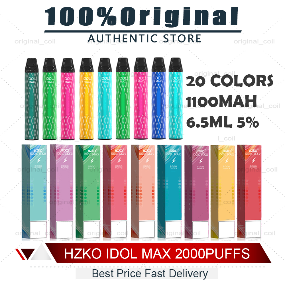 

100% authentic HZKO IDOL MAX Disposable Device Kit 2000 Puffs 1100mAh Battery Prefilled 6.5ml 20 Different Colors Pod Vape Stick Pen Bar Plus XXL top selling vs gunnpod