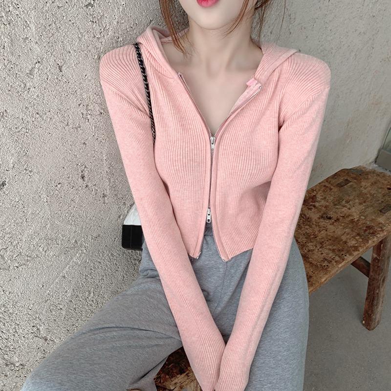 

Women's Knits & Tees Autumn Winter Wild Long Sleeve Pink Hooded Sweater Crop Zipper Cardigan Knitted Coat Sueters De Mujer Korean Fashion Sw, White