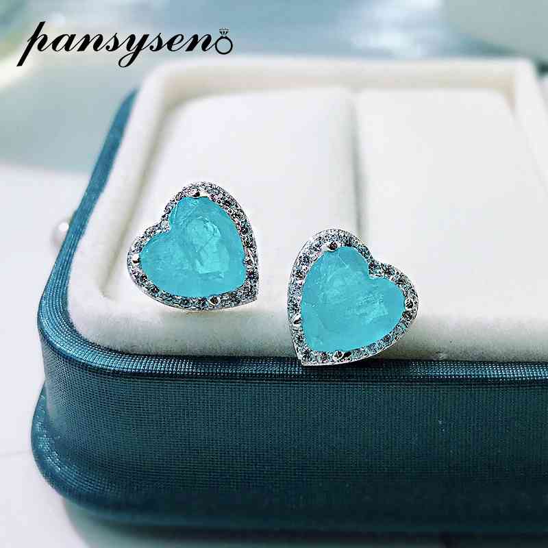 

PANSYSEN 100% 925 Sterling Silver Heart Paraiba Tourmaline Diamond Cocktail Party Stud Earrings Female Fine Jewelry Whole