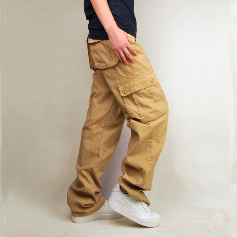 

Pure cotton Multi Pocket loose fitting overalls large European men's pants, Black