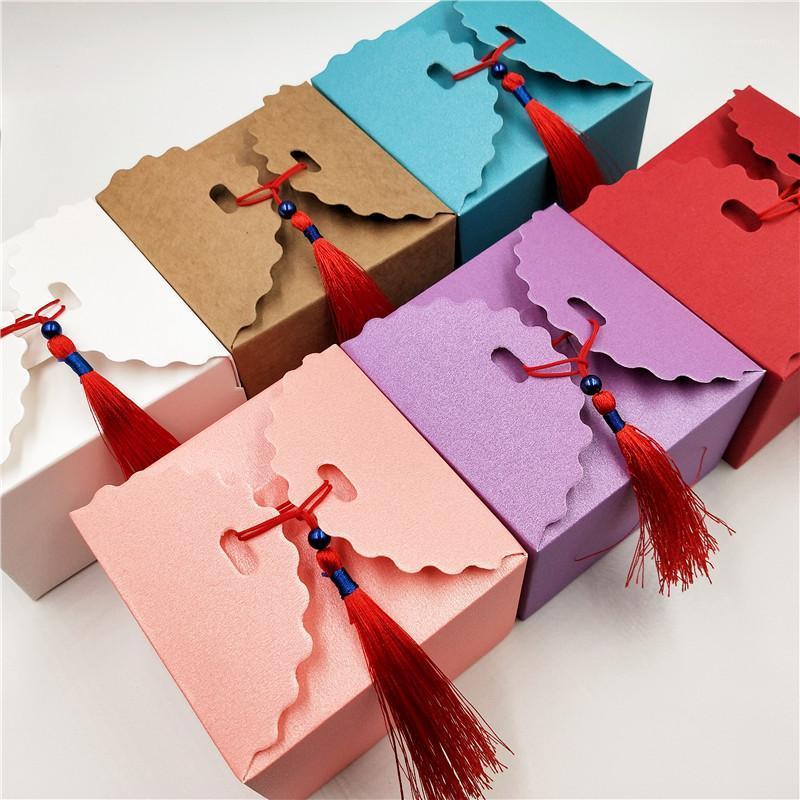 

Gift Wrap 5Pcs/Lot 6 Color Paper Candy Boxes +Red Tassel Pure White Carton Box Handmade Favor Packaging Case