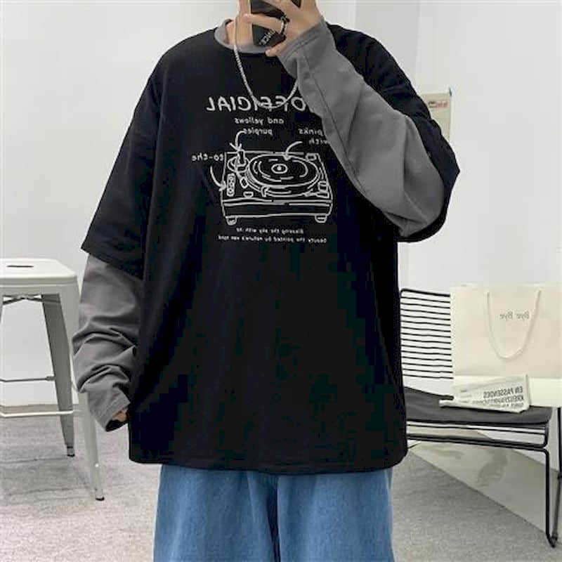 

T-shirt men fake two-piece O-neck pullover top Tee shirt homme Korean version trend Hong Kong style spring autumn jacket 210526, Blue white