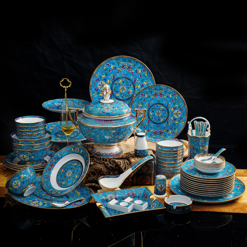 Royal Luxury Dinnerware Sets Porcelain Cloisonne Blue Design Imperial Palace Style Enamel Dining Dishes Plates Soup Pot Bowl Sets for Home Dedors-image-721544854