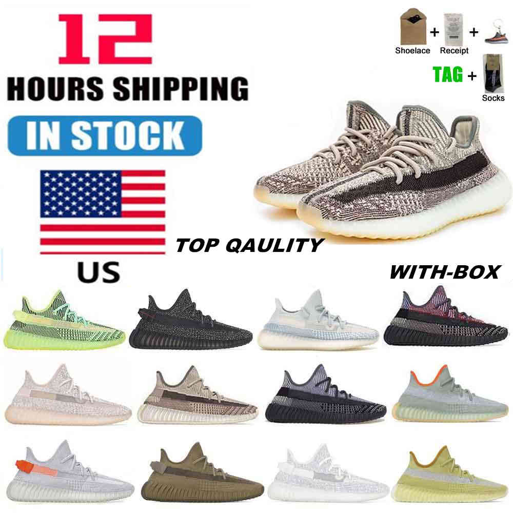 

Stock In The Us 2021 Kanye West Mens Womens Running Shoes Cinder Zebra Tail Light Reflective Women Sport Sneakers Size 36 -48 With Half, Box