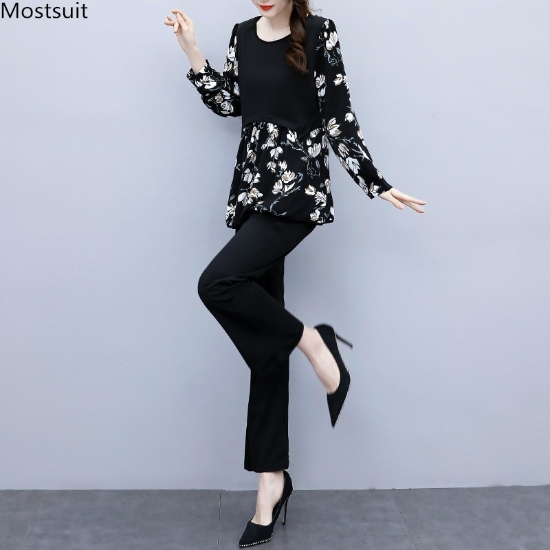 

Spring Women Elegant Two Piece Set Plus Size 5xl Loose Long Sleeve O-neck Floral Tops And Pants Outfit Suit Korean 210518, Black