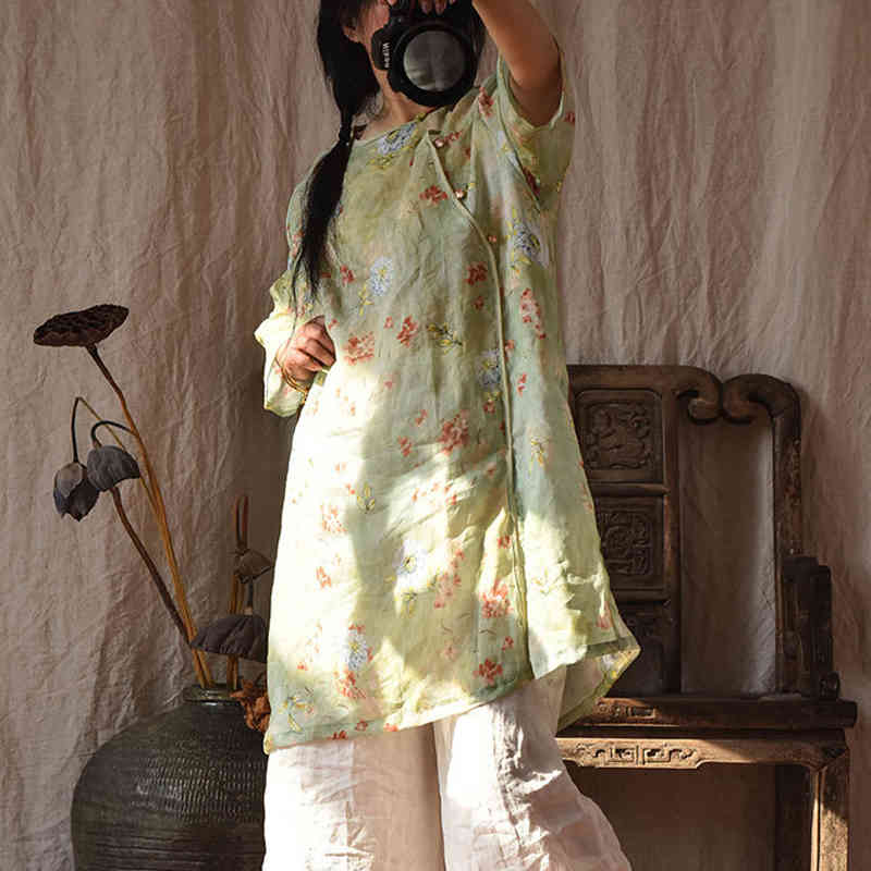 

Johnature Women Print Floral Long Shirts Ramie Chinese Style Blouses Summer Half Sleeve Button O-Neck Loose Shirts And Tops 210521, Green