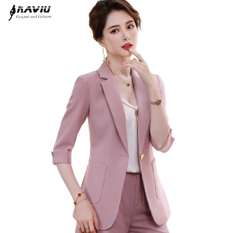 

Pink Half Sleeve Women Casual Temperament Fashion Summer Formal Slim Jacket Office Ladies Work Coat Black 210604, Pink blazer