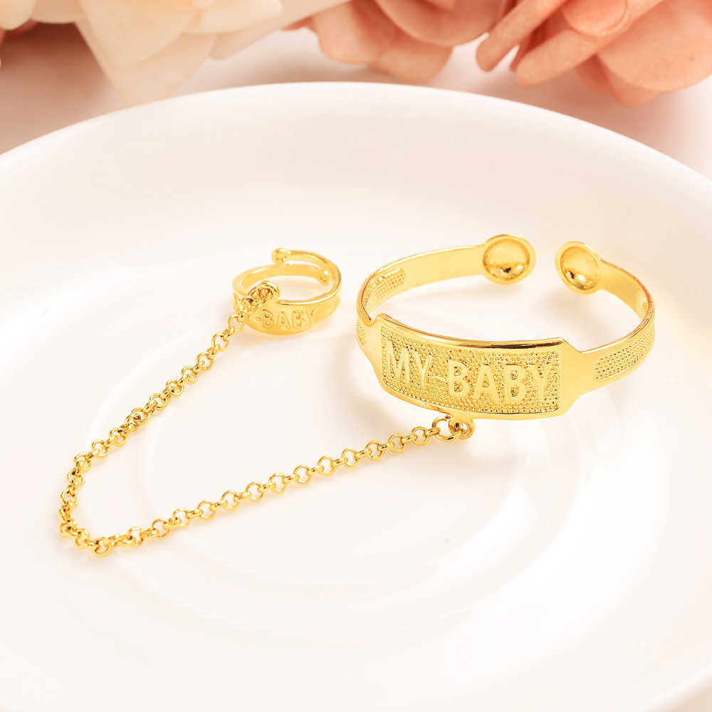 

Dubai African Gold Stamp Bangles Arabic Indian Jewelry Gold Bangles for Kids Copper Baby Bracelets with Ring Jewelry Child Gifts Q0719