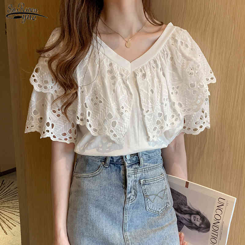 

Summer Cotton Blouse Women Chic Crochet Hollow Butterfly Short Sleeve White Shirt Flying V-neck Tops Blusas 13933 210521, Yellow