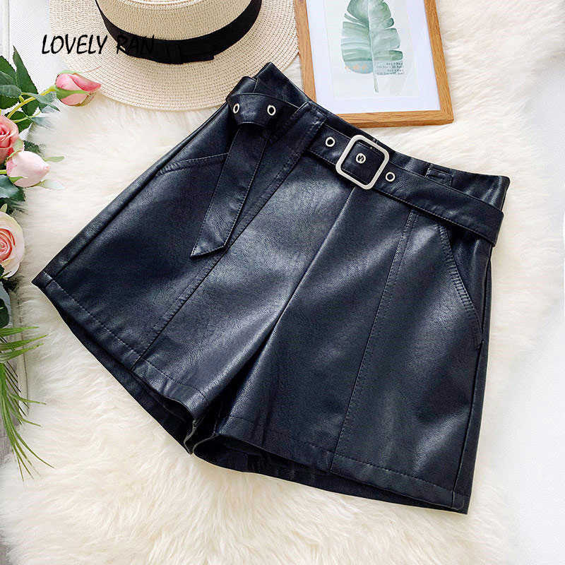 

High Waist Women' Leather Short PU Belt Zipper Pocket Female Shorts Spring Fashion Korean Casual Girl Ladies Bottom 210611, Black