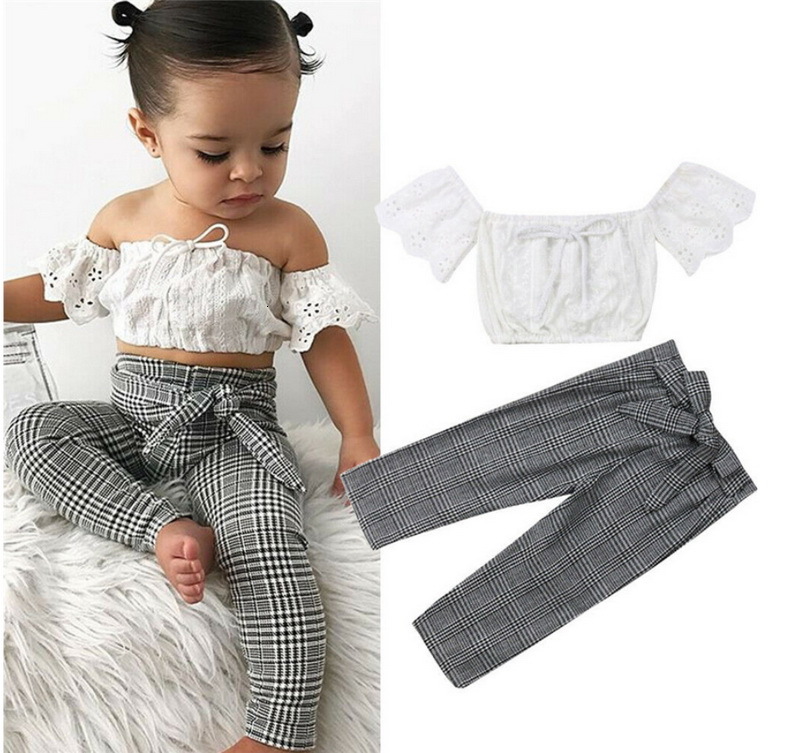 

Clothing Sets Wholesale Baby Girls Clothes Set Summer Off Shoulder Lace Crop Top and Plaid Pants Cute Streetwear Outfits E94033 77ZB, White