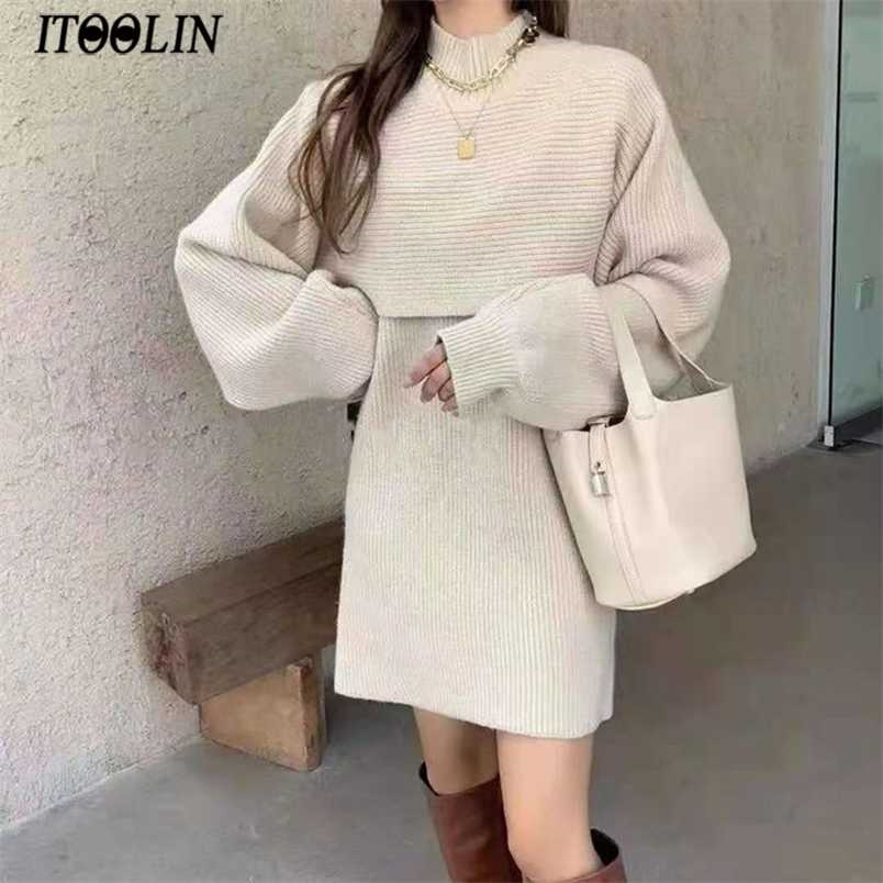 

ITOOLIN Two-piece Dress Sets Winter outfit Two Piece Women Sweater Dress Set Femme Strap and Shawl Loose Dress Japanese Clothes 211109, Apricot