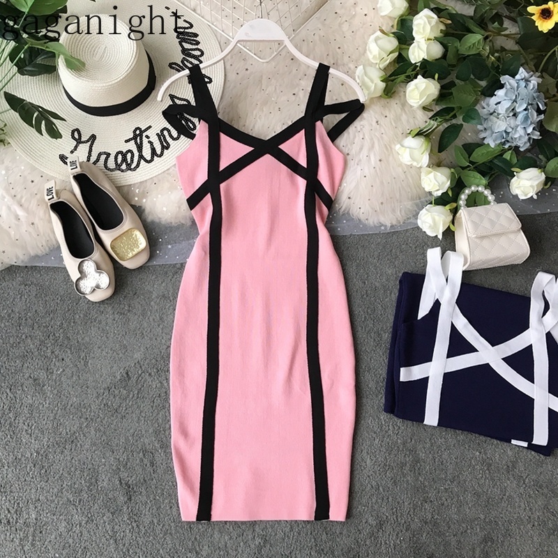 

Gaganight Sexy Club Women Knitted Dress Sleeveless V Neck Summer Bodycon Dresses Female Patchwork Color Bandage Vestidos Chic 210519, Red