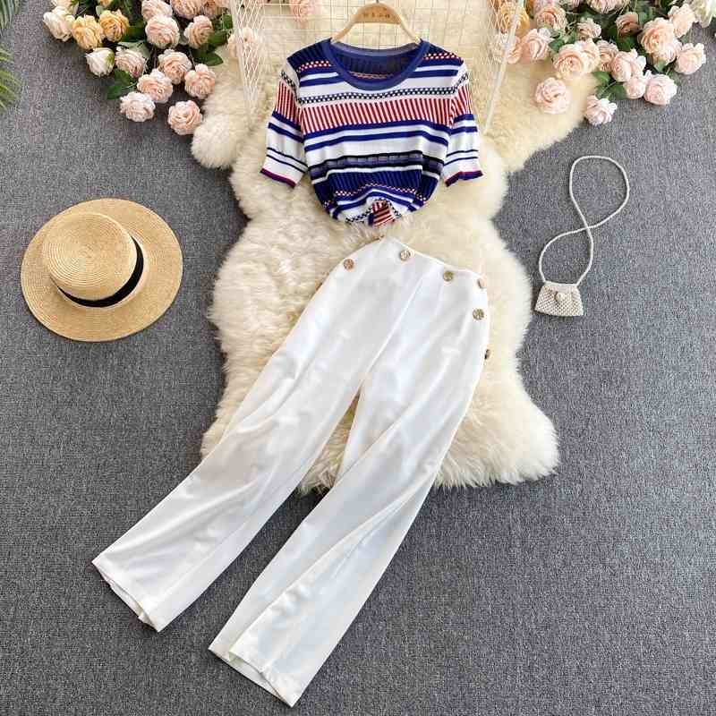 

Elegant temperament suit women's summer knit short-sleeved blouse high-waist wide-leg pants fashionable two-piece trend 210525, Blue and white suit