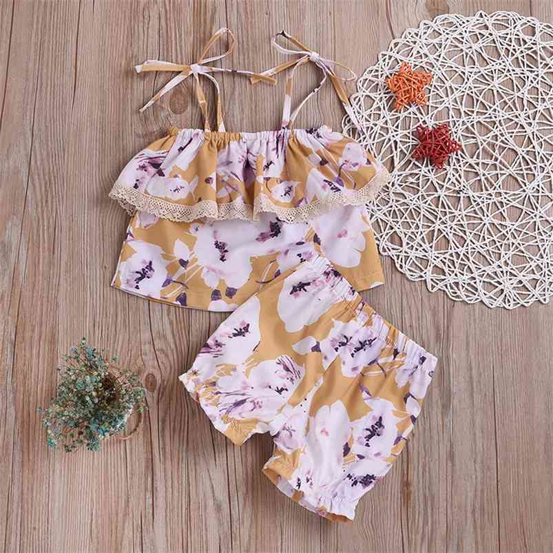

Summer Children Sets Casual Strap Ruffles Tops Print Floral Shorts 2Pcs Girls Clothes 1-7T 210629, Orange