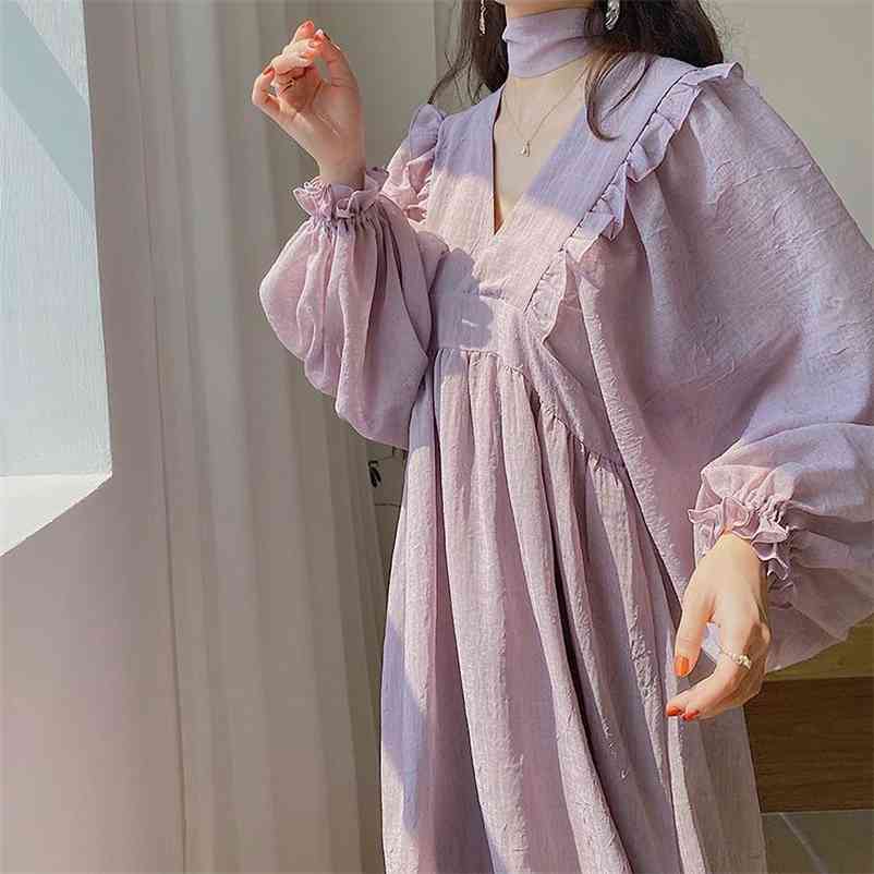 

Dress Solid Ulzzang Leisure Lovely Preppy Style Student Sweet Girls Chiffon Summer V-neck Retro Vintage Baggy Loose Maxi 210519, Apricot