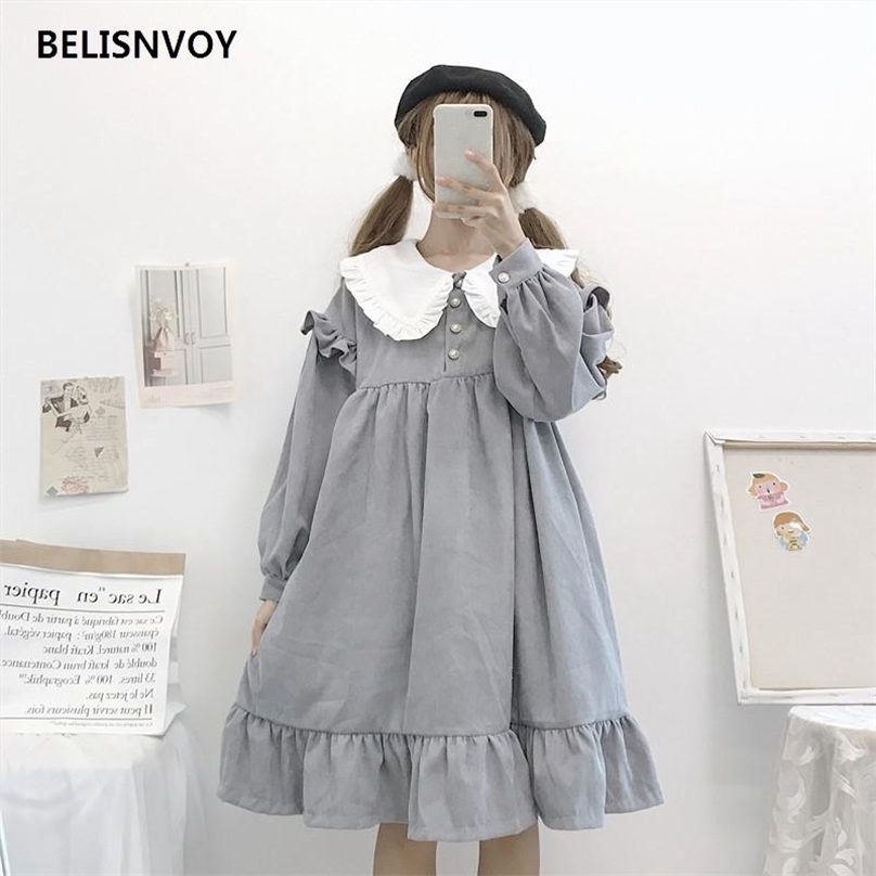 

Japanese Autumn Spring Women Lolita Dress Sailor Collar Puff Sleeve Baggy Cute Kawaii Corduroy Ruffles Party Sweet 210520, Gray
