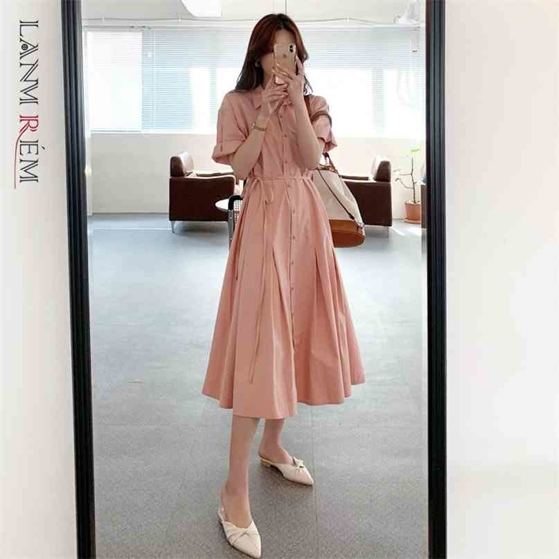 

Casual Midi Dress French Korean Short Sleeve Belt Temperament Loose Fit Fashion Summer Women's 2P1661 210526, Root starch color