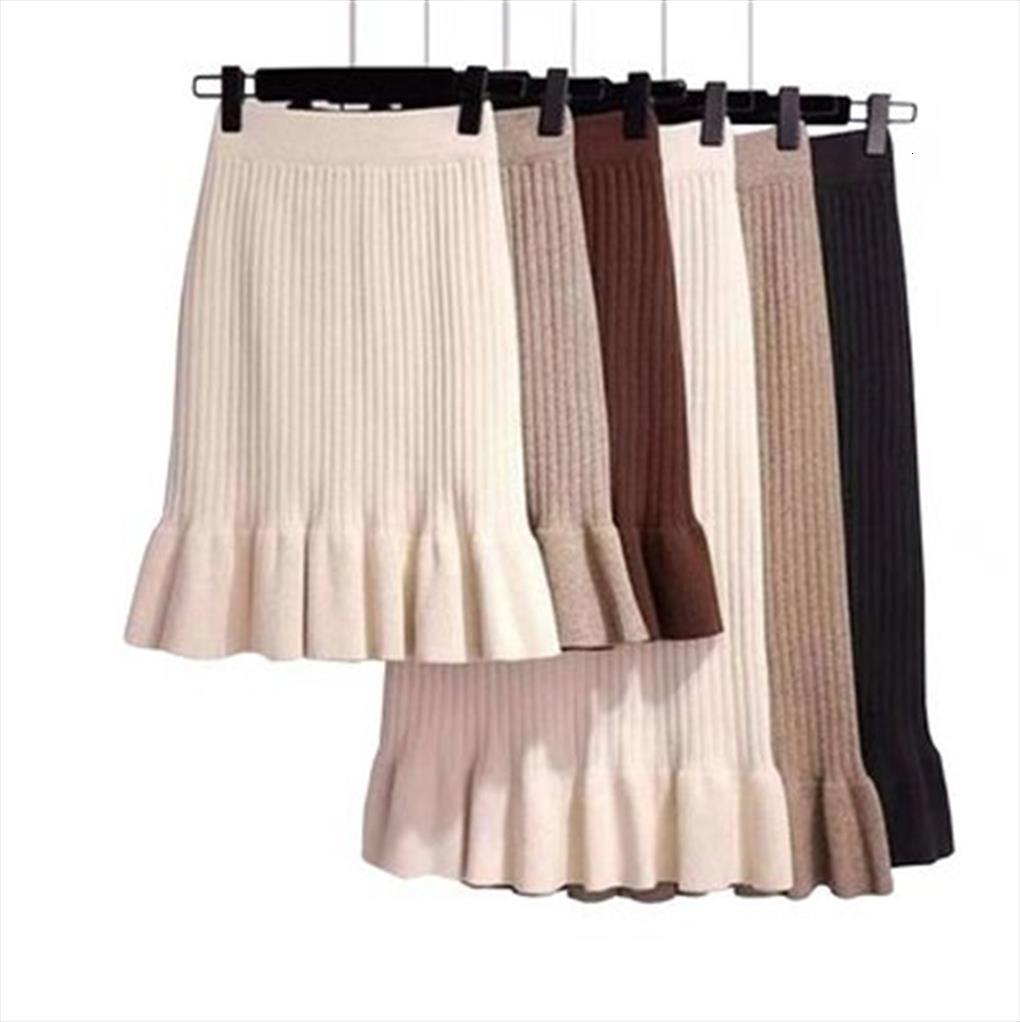 

knitted high waist pleated solid women skirts elastic mermaid knitting ribbed autumn winter female bottoms two types, Black