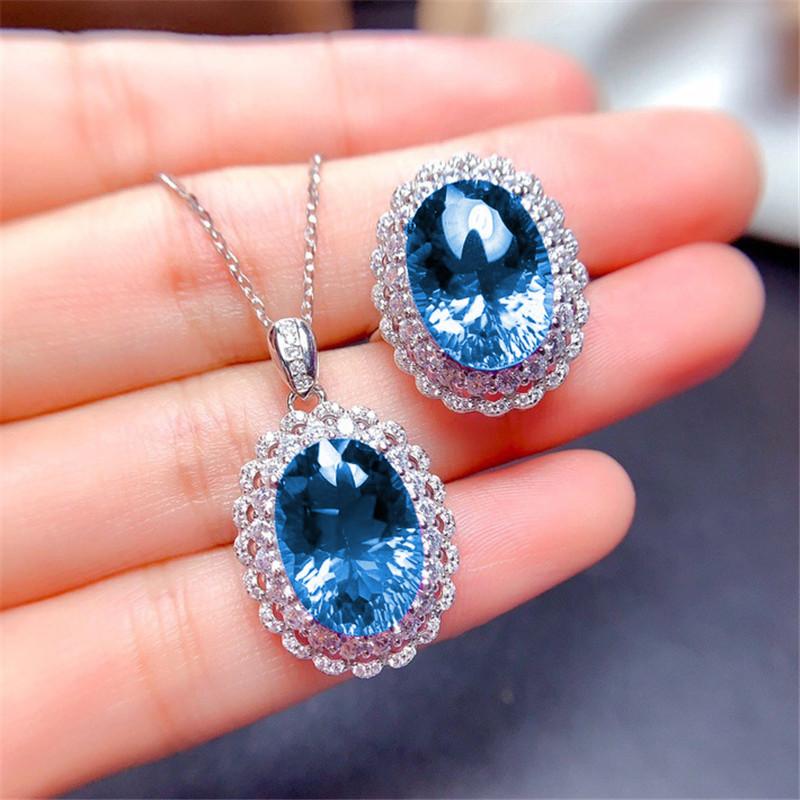 

Earrings & Necklace Ladies Accessories Set Simulation Sapphire Full Zircon Luxury Open Ring Pendant Suitable For Year Gifts, Silver
