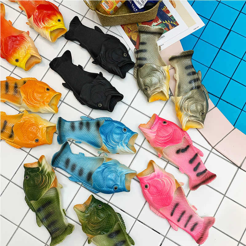 

2021 Stylish Creatire Fish Shoes Men Funny Slippers Beach Mules Women Outdoor Slides Unisex Flip Flops Y0721, Black