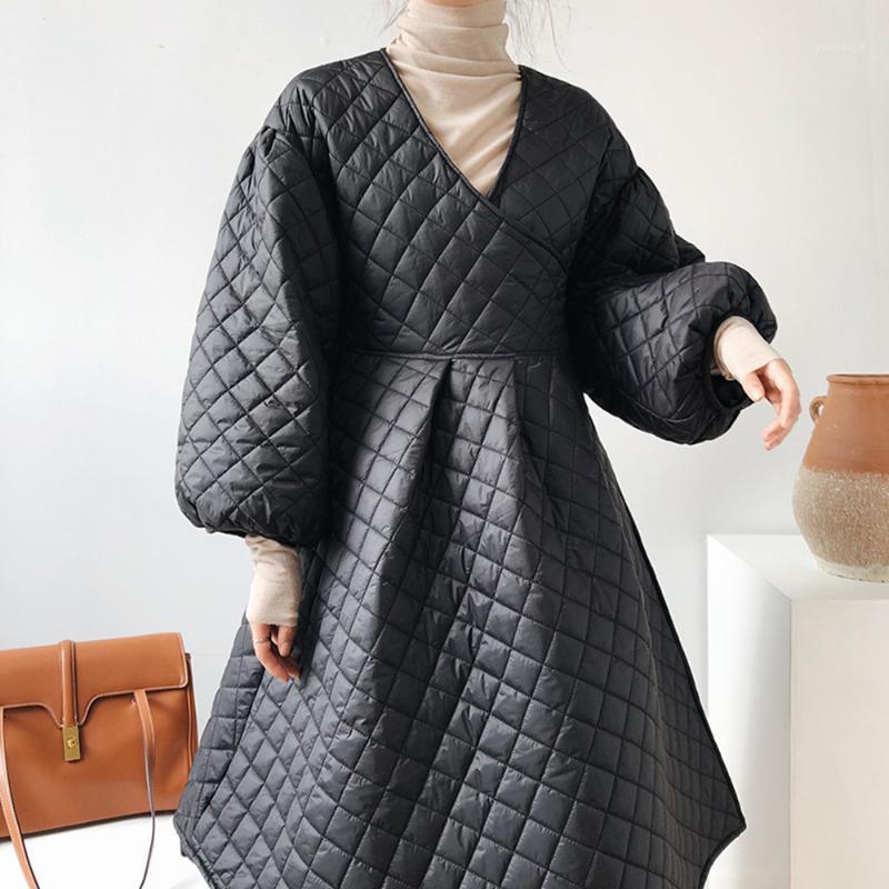 

Quilted Coat Plaid Dress Design Jacket Female Winter Down Jackets Cotton Padded Vintage Parkas Solid Color Elegant Overcoat Women's, Black