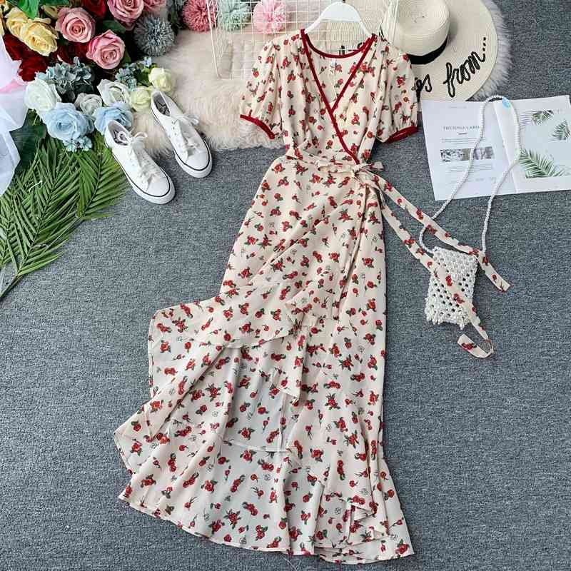 

Summer Boho Vintage Trumpet Dres Slim Sexy V-neck Bandage Ladies Floral Printed Long Robe Vestidos Muejr 210602