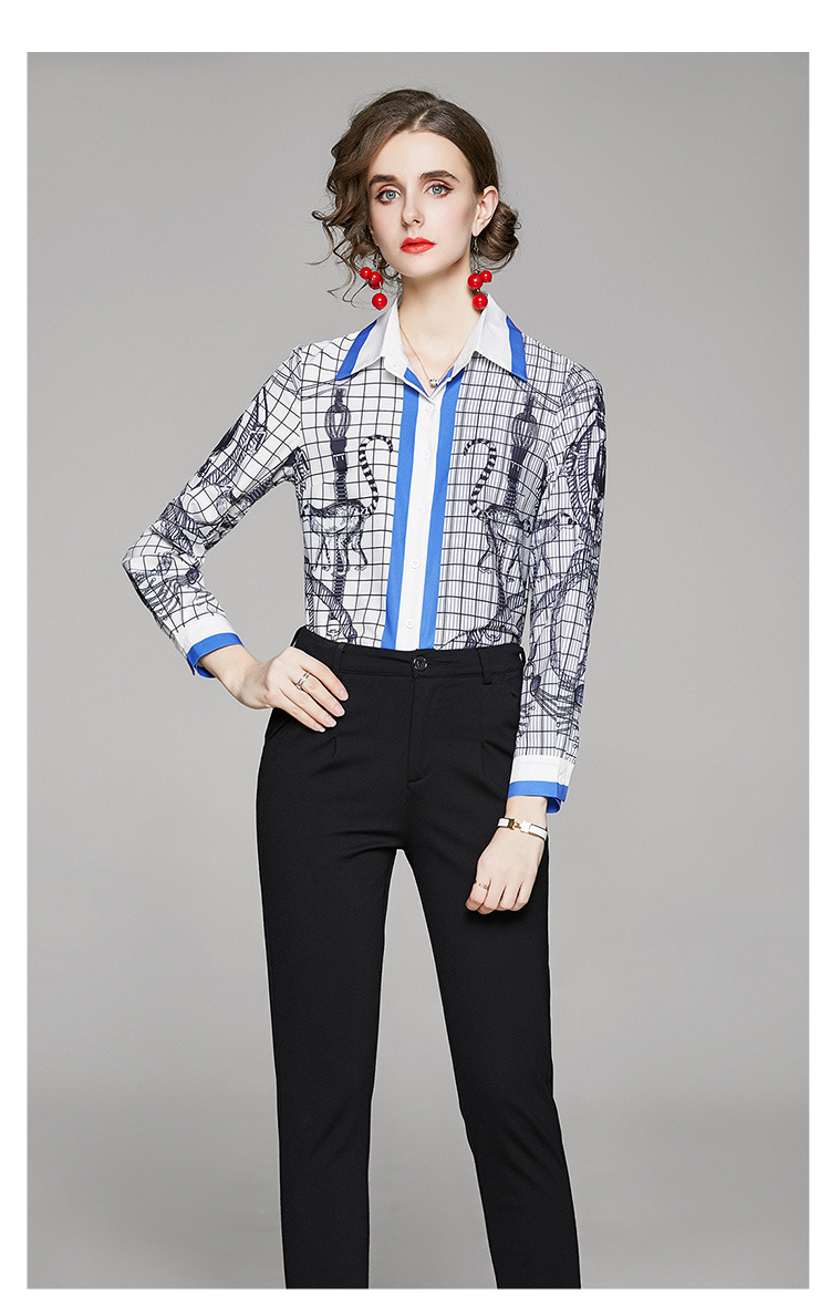 

2021 women striped long-sleeved shirt spring and autumn lapel neck slim slimming shirts personality trend, Multi