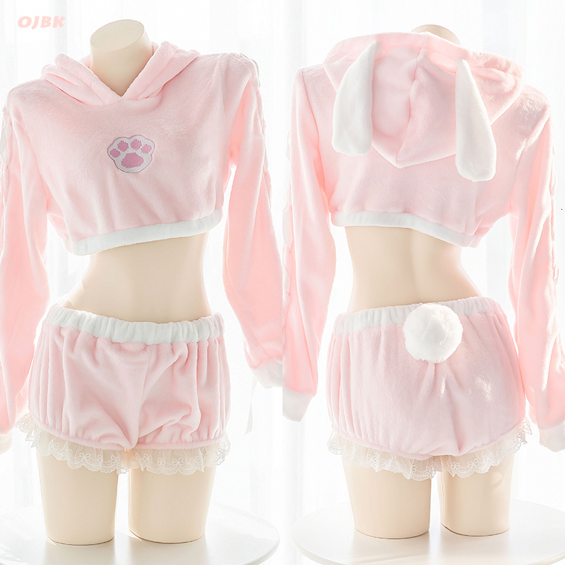 

Sexy Sweater Pink Bunny Girl Cute Plush Homewear Lolita Ultrashort Hollow Hoodies Shorts Rabbit Tail Sleepwear Top and Panty, Red
