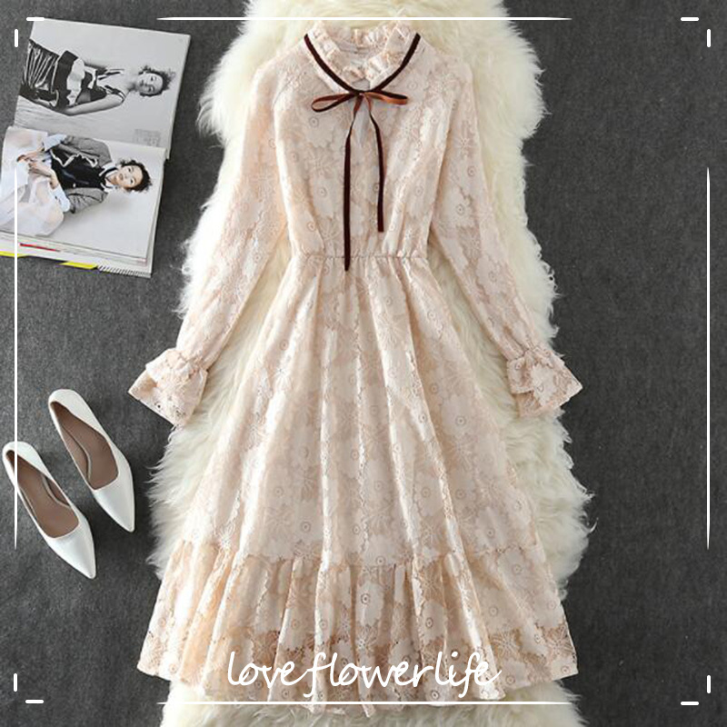 

Women Spring Lace Dress Vintage Lotus Leaf Collar Elegant Party Midi Dresses Vestidos Long Sleeve Bottoming Dress 210521, Apricot