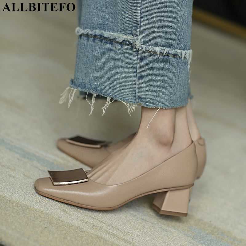

ALLBITEFO soft genuine leather women heels shoes square toe thick heel fashion leisure high heels high heel shoes women pumps 210611, As picture