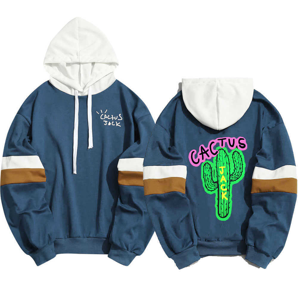

New luxury Men Travis Scott cactus jack Print Hoodies Men's Sweatshirt Hooded Hoodie Men Patchwork Sweatshirt Thin Clothing Q0814, Blue 1