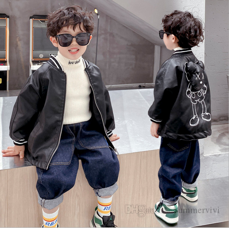 

Fashion Boys bear PU leather jacket kids stripe round collar long sleeve outwear autumn children cartoon casual tops clothes Q1207, Black
