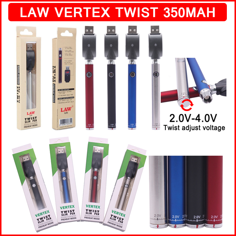 

Law Vertex Preheat VV Battery Bottom Twist 350mAh Vape Pen Variable Voltage USB Charger Batteries Kit for 510 Thread Thick Oil Cartridges