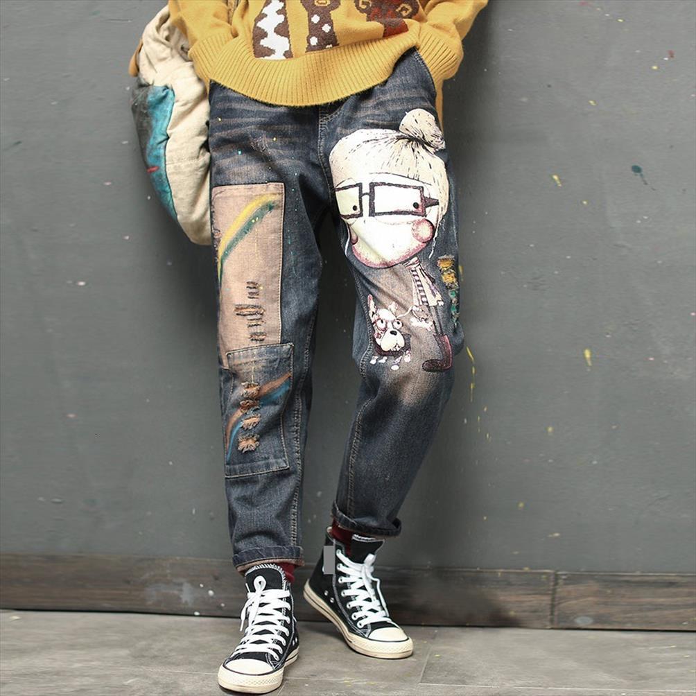 

spring fashion denim brand vintage women jean cartoon print casual frayed pants with pockets straight trousers, Blue