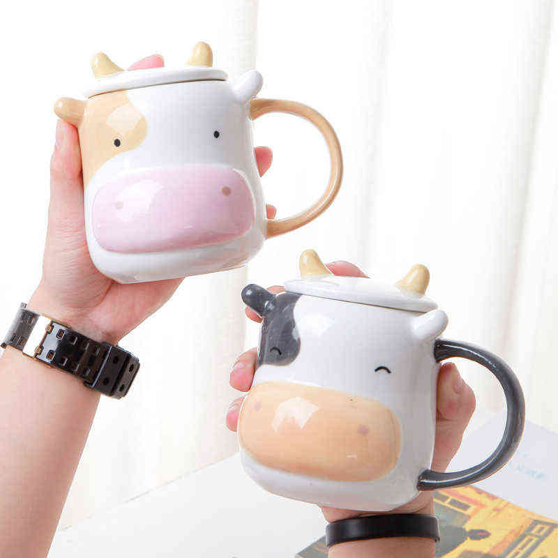 

Ceramic Cute Cow Mug Coffee Cups Lids Spoons Children's Large-capacity Water Office Milk New Product Creative Home Drinkware G1126, Yellow