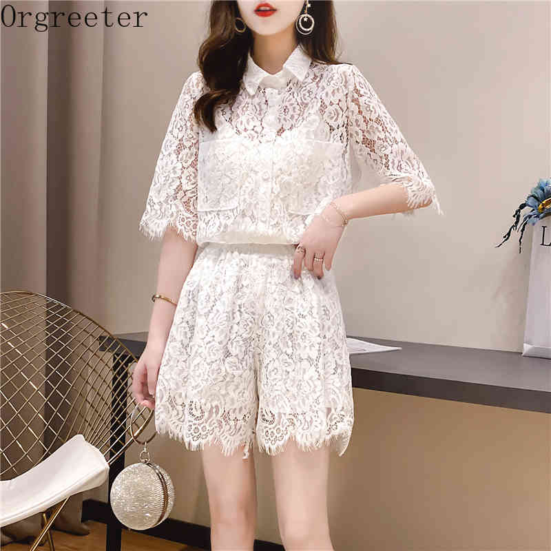 

Summer Solid Lace Casual Tracksuit Women Lapel 2 Piece Set Short Sleeve Shirt + Elastic Waist Shorts Drawstring Suits Outfits 210525, White