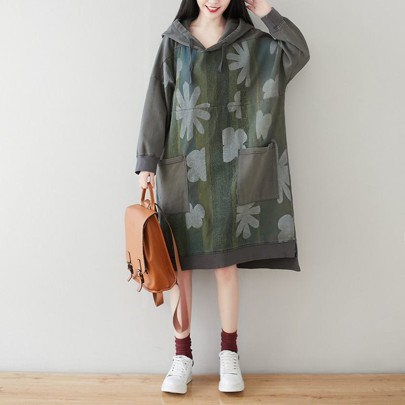 

Johnature Women Bat Sleeve Hooded Dresses Print Floral Terry Spring Pockets Plus Size Women Clothes Vintage Dresses 210521, Gray