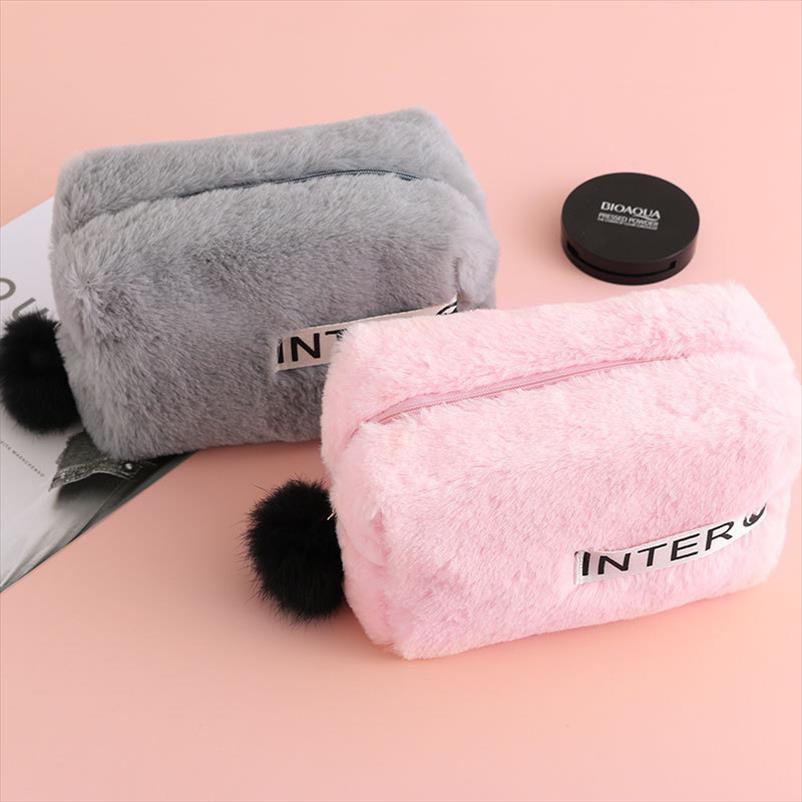 

fur cosmetic bag large capacity storage travel multi function girl plush ball decoration zipper 25 11 12cm