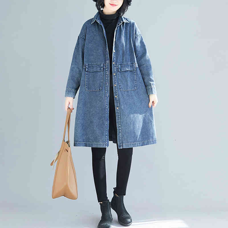 

Casual Dresses 2021 Spring Autumn Fashion Plus Size Women Denim Windbreaker Vintage Splicing Mid-Length Jeans Jacket Loose Female, Blue