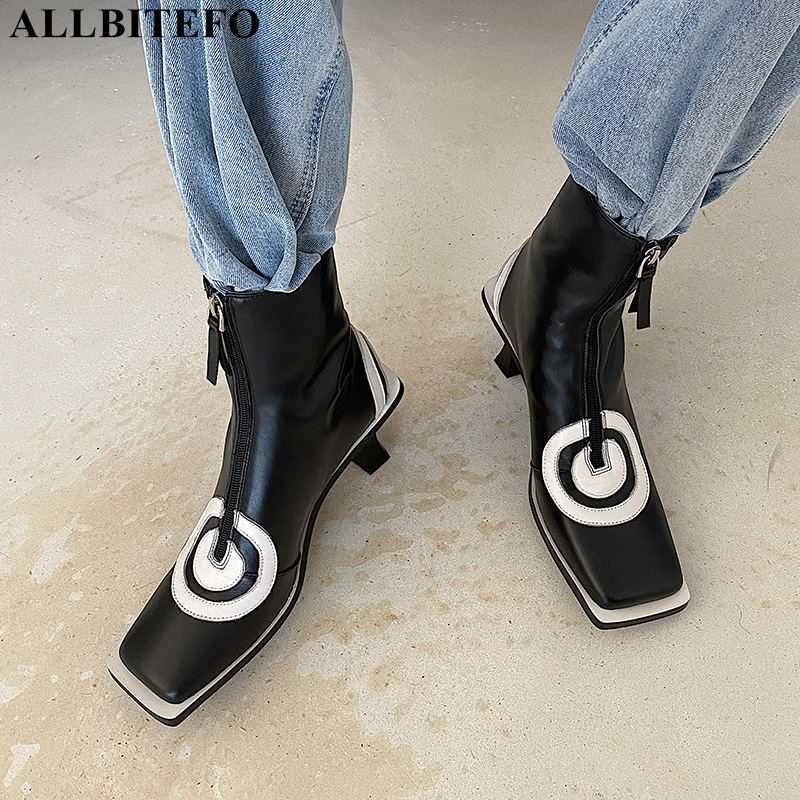 

ALLBITEFO High quality soft genuine leather ankle boots fashion casual women boots cow leather motocycle boots high heel shoes 210611, As picture