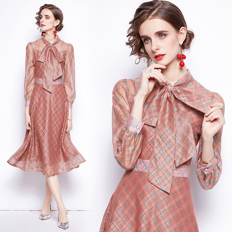 

Luxury Fashion Runway Plaid Bow Dress 2021 Designer Long Sleeve Mock Neck Printed Office Holiday Prom Slim A-Line Midi Dresses Autumn Winter Elegant Women Clothes, 05